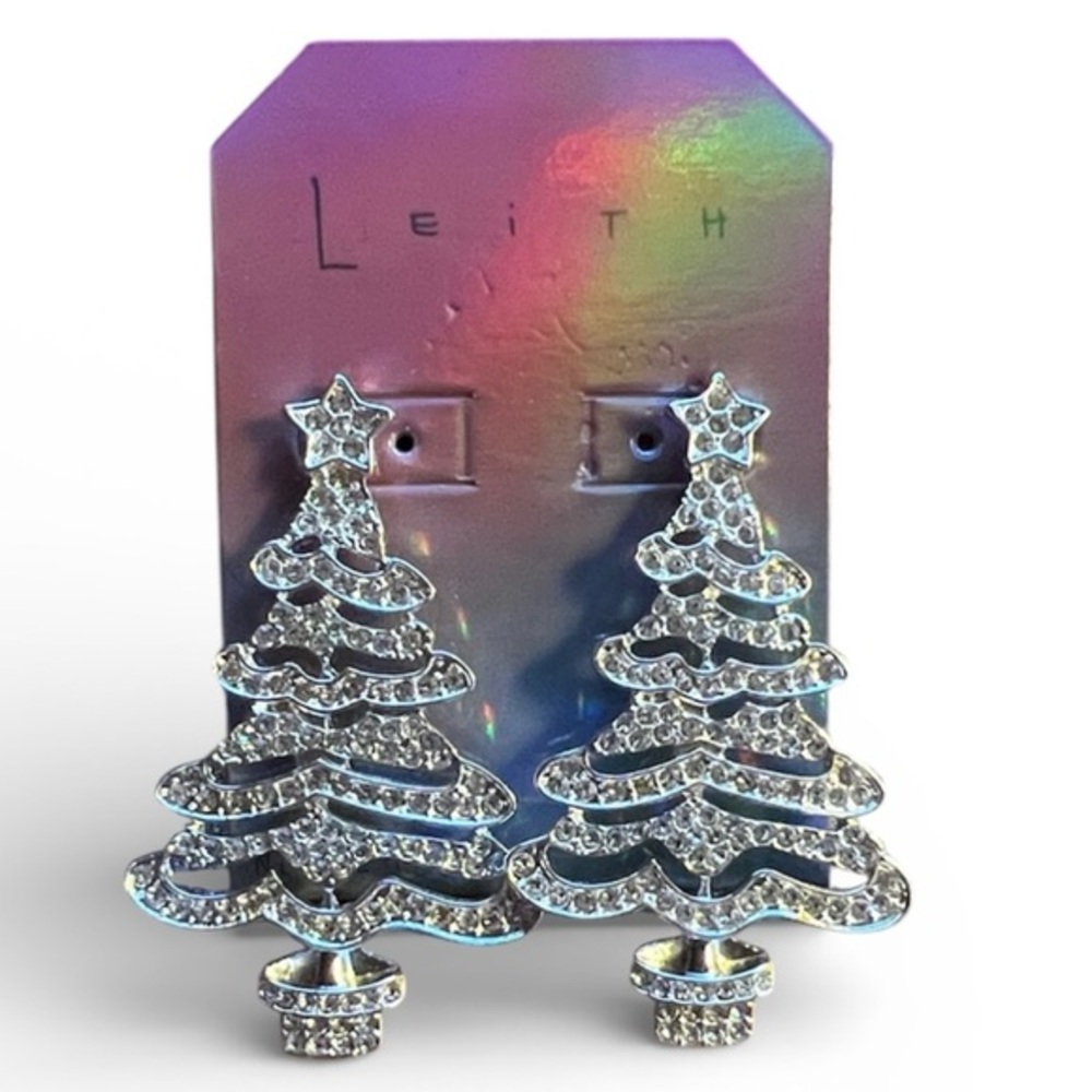 Nordstrom by Leith Festive Silver Crystal Pavé Christmas Tree Statement Earrings